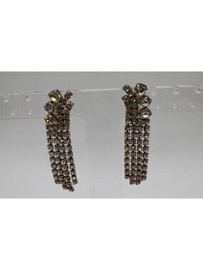 Rhinestone Dangle Earrings Chandelier Fringe Silver Tone 2.5” Statement
